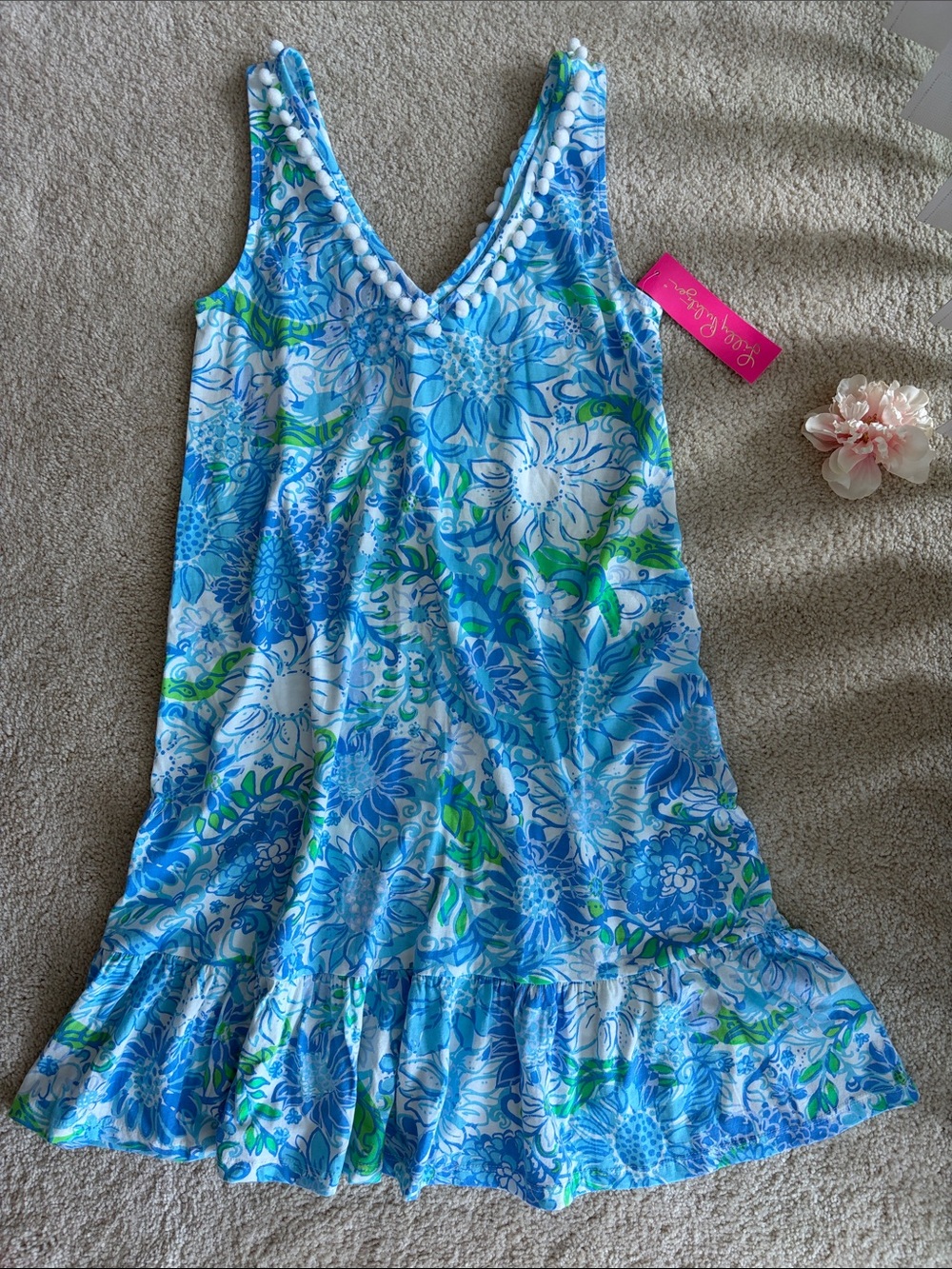 Lilly Pulitzer Camilla, French Blue, Sunโs out V-Neck Pom Pom dress, XS, NWT
